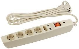 Сетевой фильтр 2 метра, 5гнезда+2xUSB, с заземлением, 3x0,75мм2, со шторками, с выключателем, (слоновая кость) SFU-5es-2m-I C0043328 ЭРА от поставщика КабельСпецСтрой